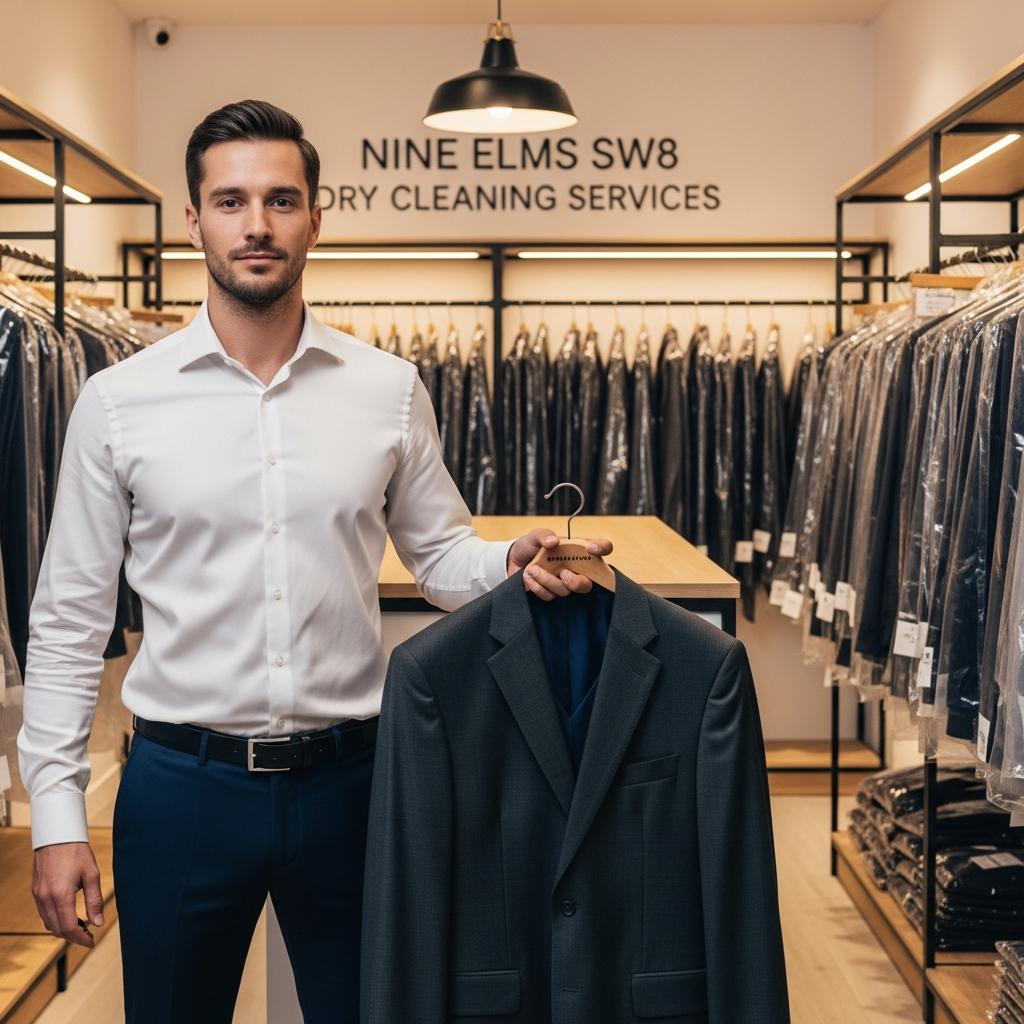 Professional dry cleaning consultant holding freshly cleaned suit jacket at Nine Elms SW8 dry cleaning services facility with rows of cleaned garments